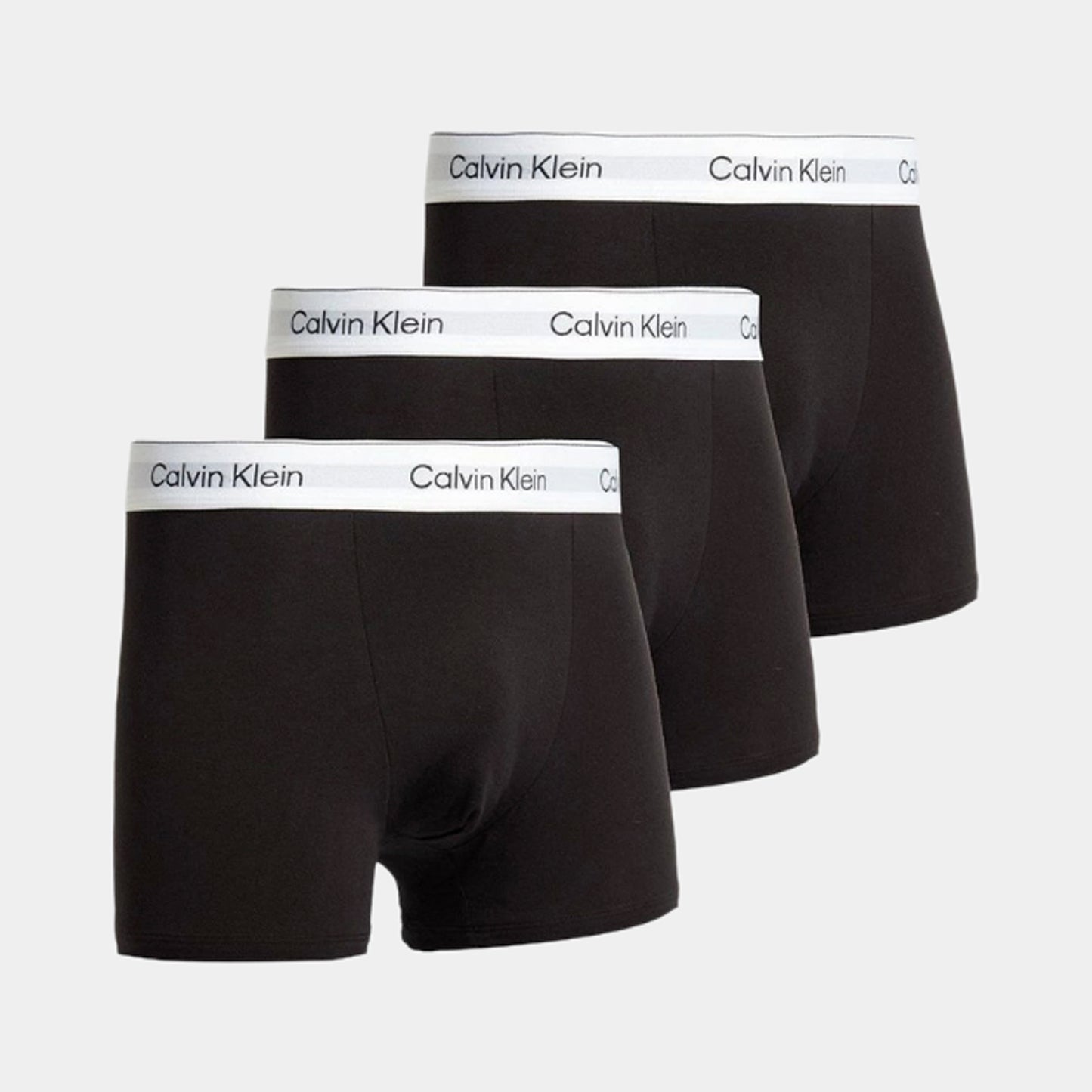 Calvin Klein Icon Cotton Stretch Boxer Brief (3P) / Black front view, black boxer briefs arranged in three layers with white Calvin Klein waistbands.