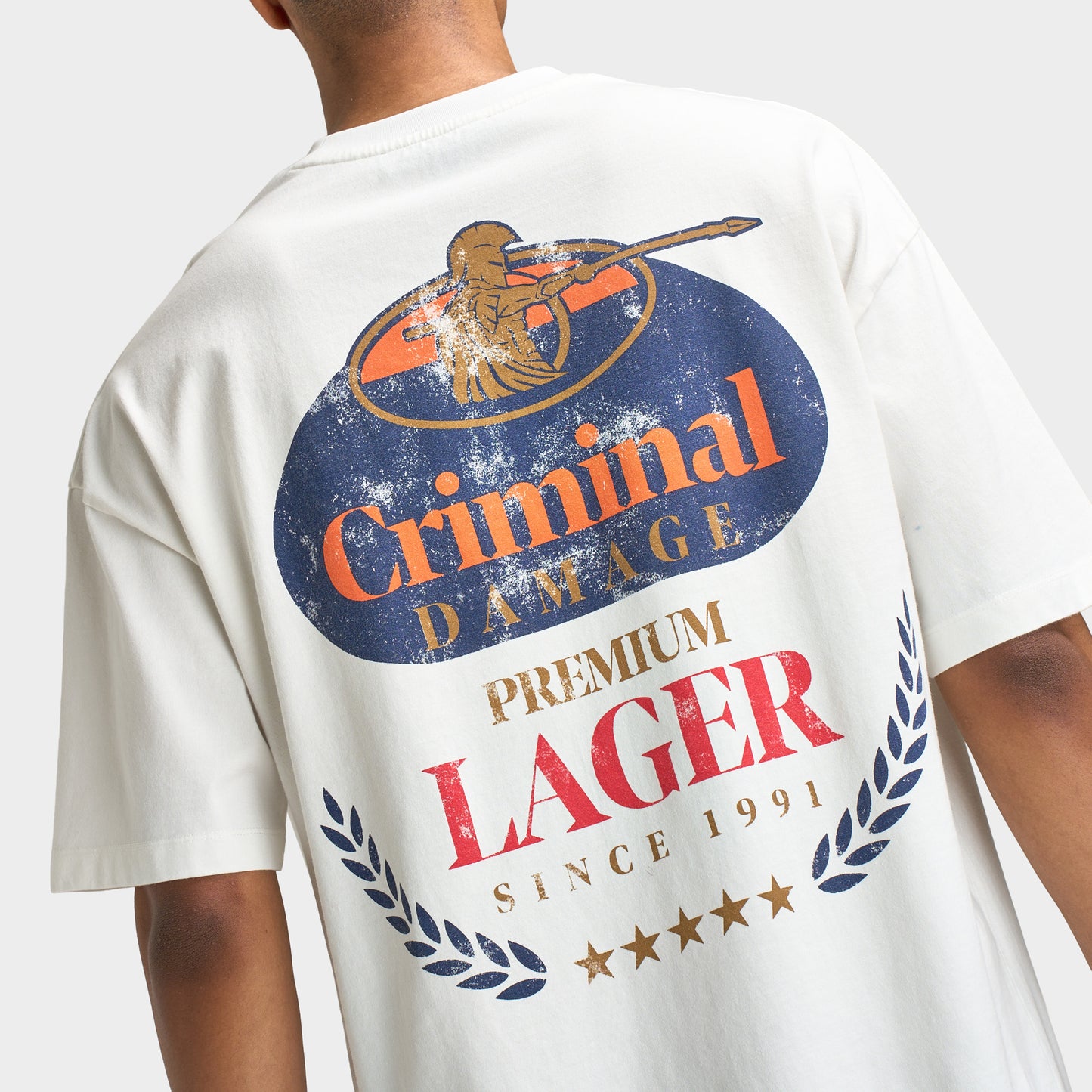 Criminal Damage Hommes Premium Lager T-shirt / Blanc Cassé
