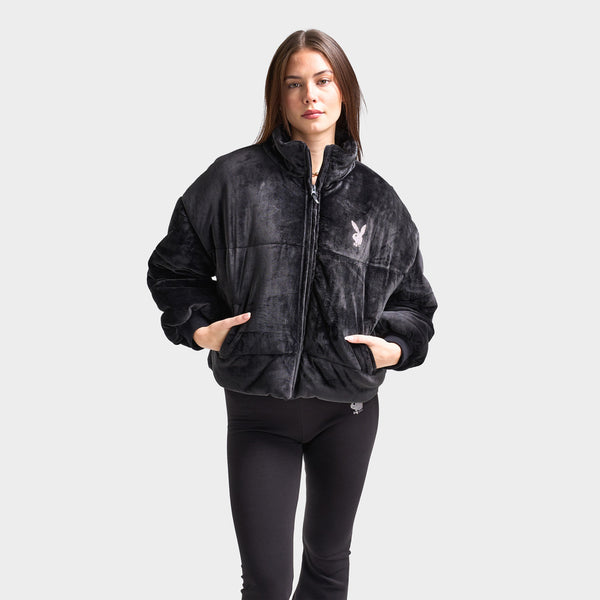 Playboy Women s Bunny Velour Puffer Jacket Black JD Sports