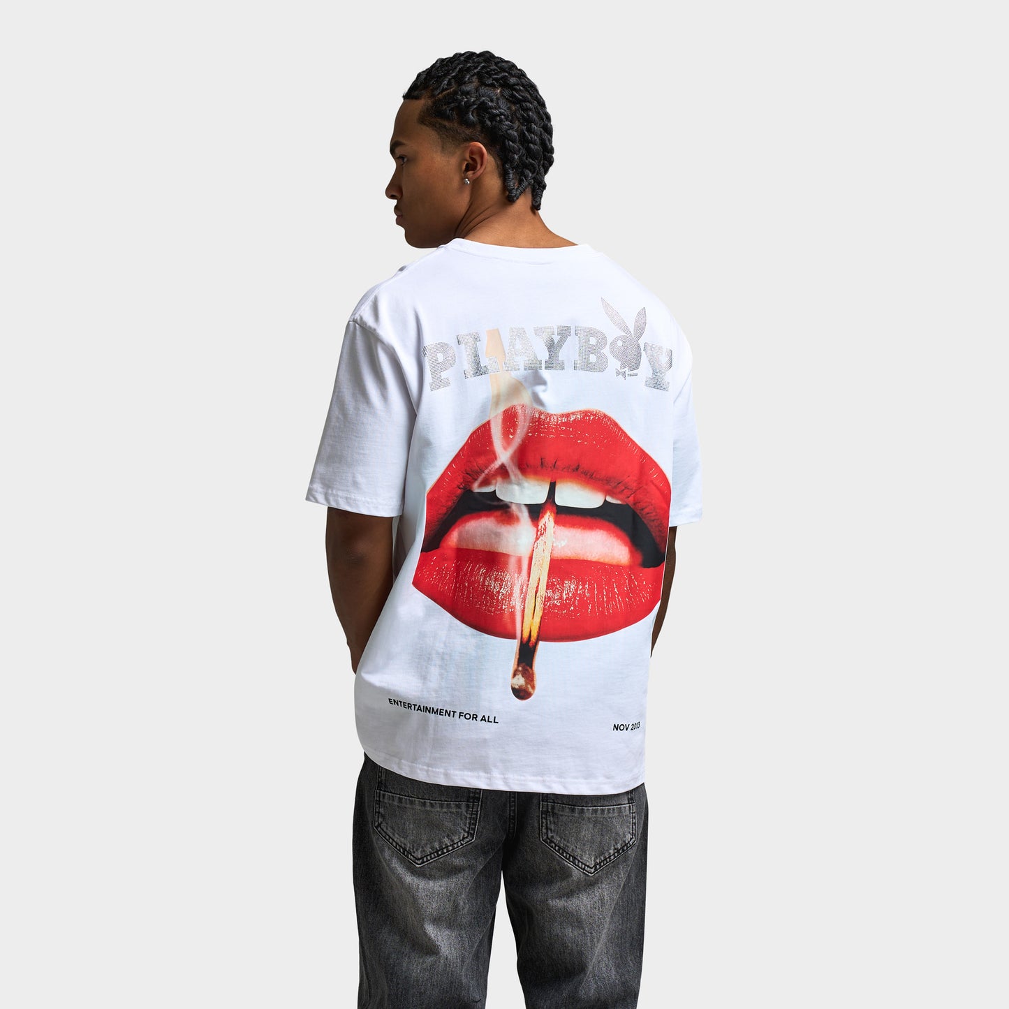 Playboy Women's Lips Diamonte Graphic T-Shirt / White