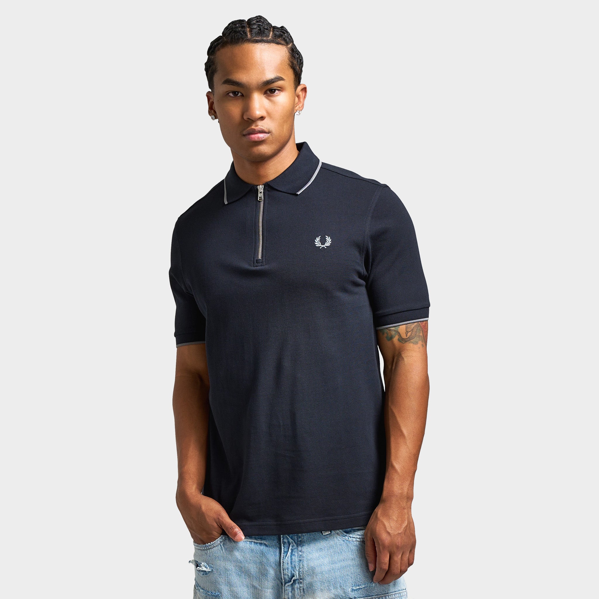 Fred Perry Zip-Neck Shirt Navy / Stockpile Blue – JD Sports