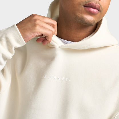 Sonneti London Hoodie 2.0. Close-up of egret hoodie showing the hood, neckline and smooth fabric finish.