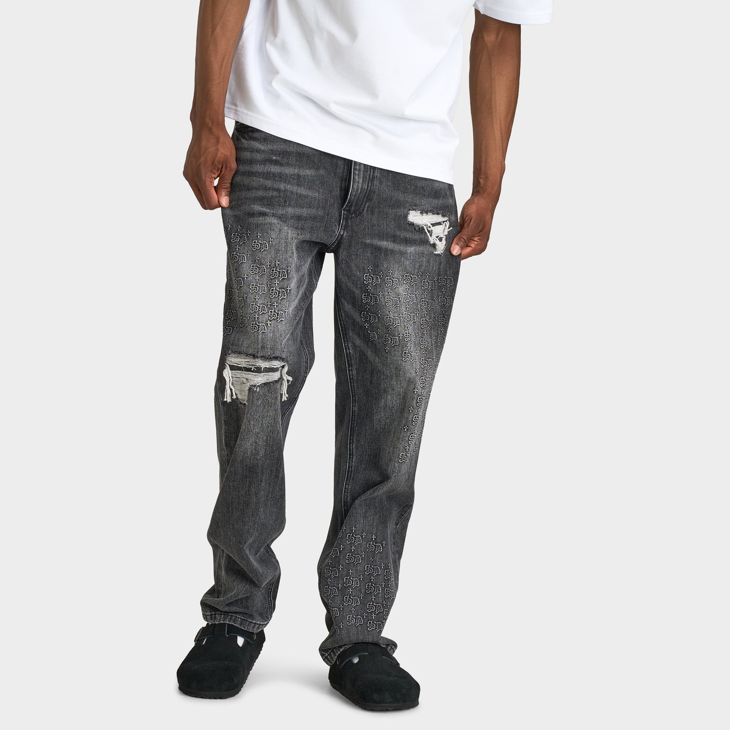 Supply & Demand Jeans à Effet Gaufré et Déchirés  / Denim Noir Délavé
