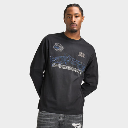 Supply & Demand Global Longsleeve Tee. Front view of model wearing black long-sleeve T-shirt with large blue and grey graphic across the chest.