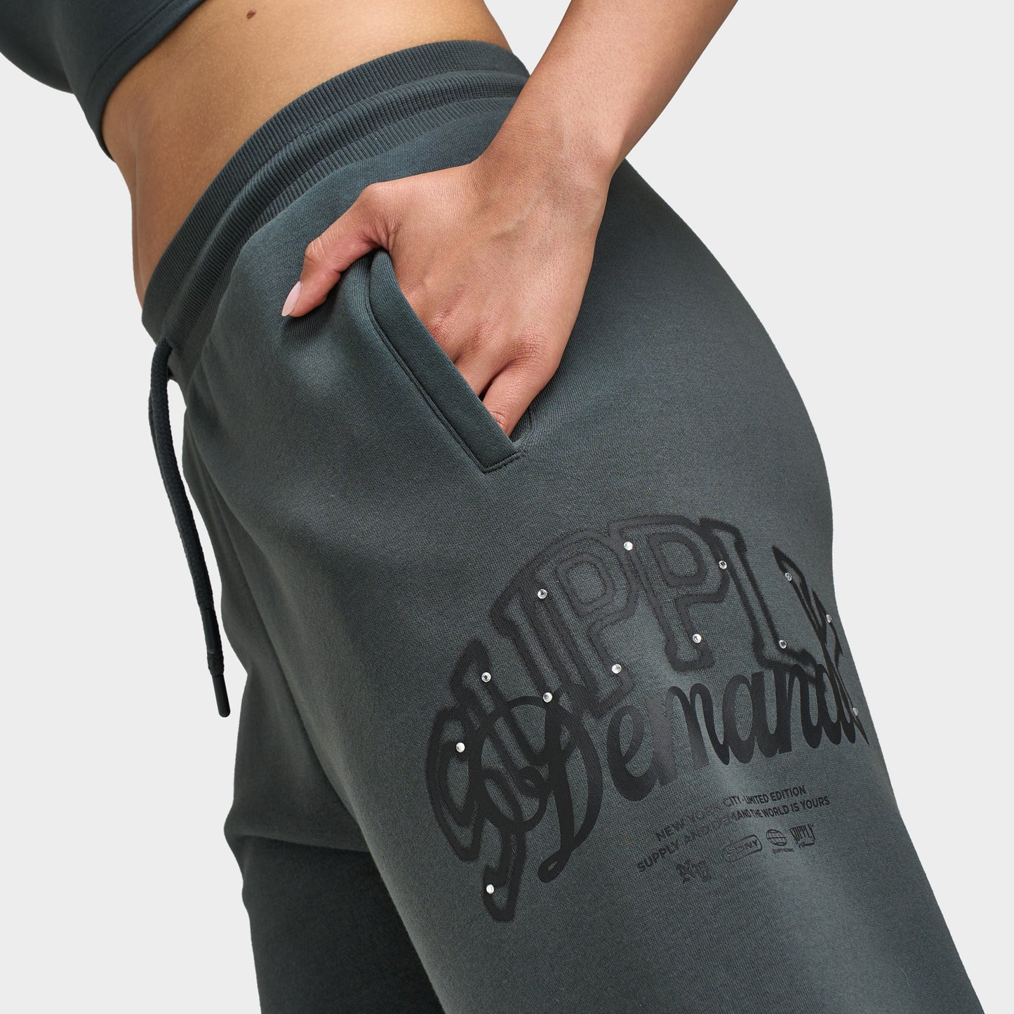 Supply & Demand Pantalon de jogging à jambes larges Spray pour femme / Gris foncé avec diamants
