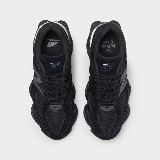 New Balance 9060. Top view of black and phantom sneakers showing black laces, padded tongues and tonal uppers.