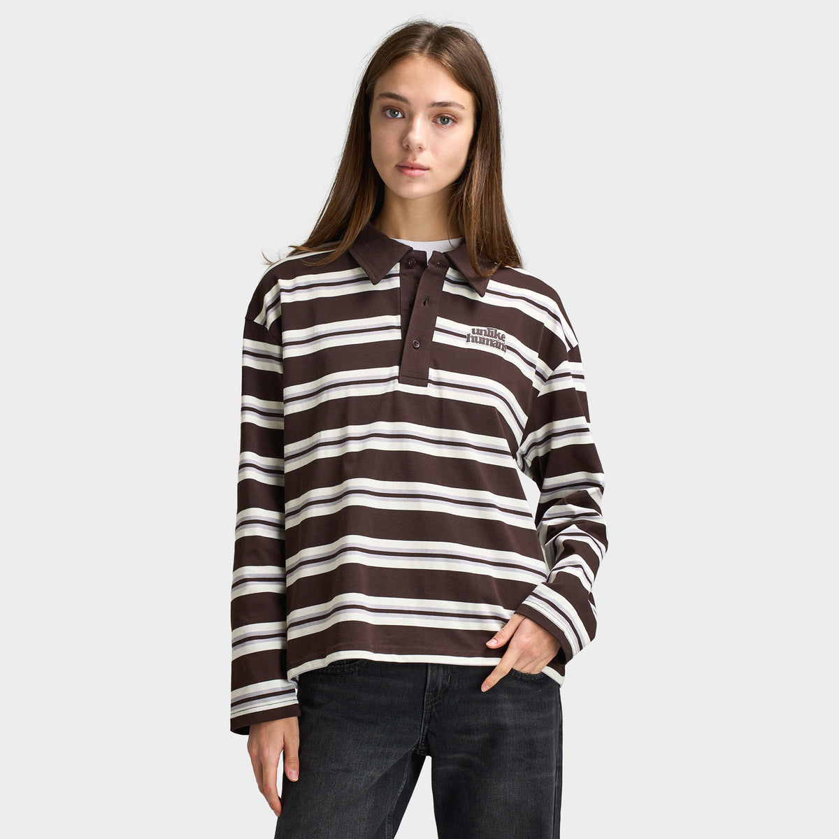 Unlike Humans Aira Rugby Long Sleeve Polo Tshirt / Black Coffee