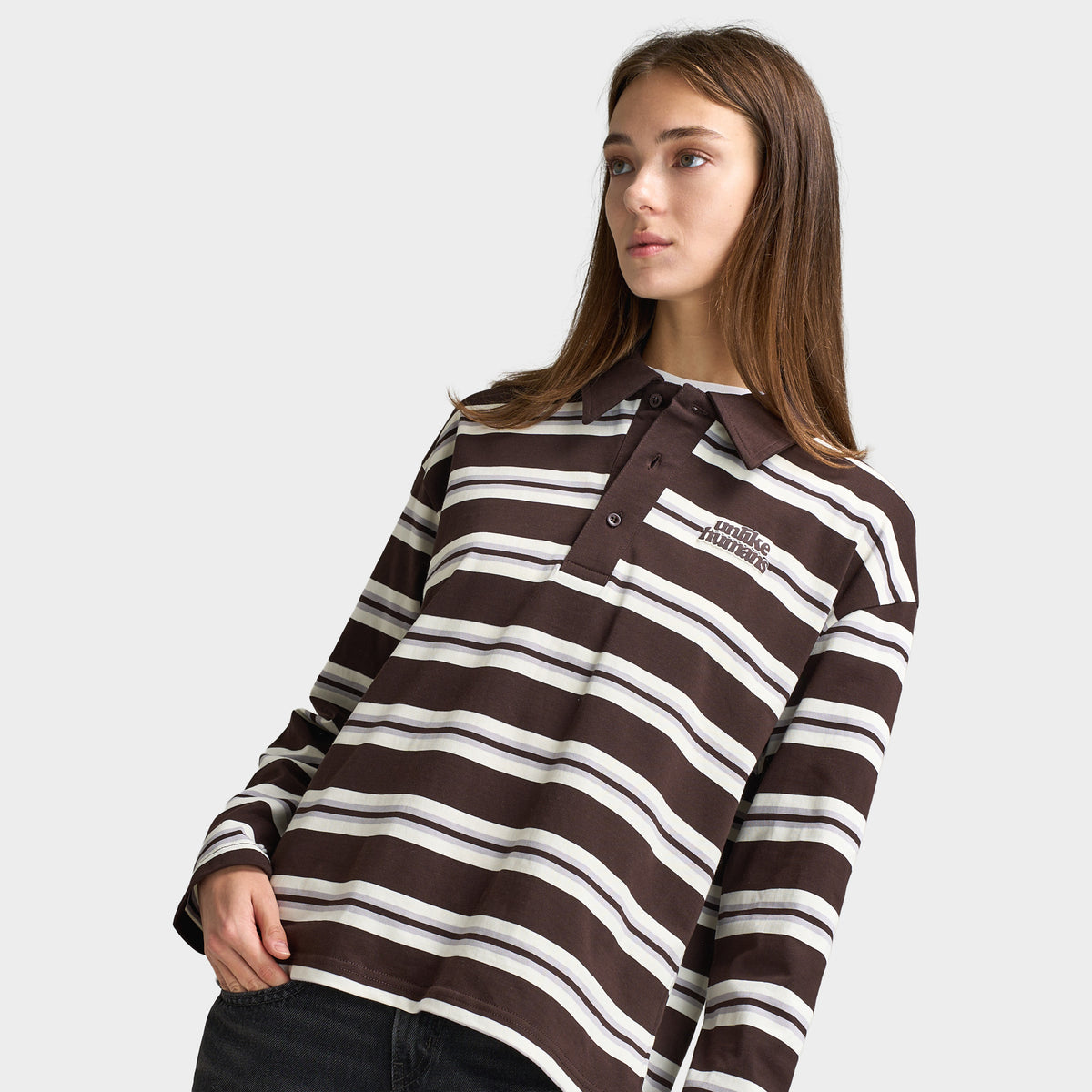 Unlike Humans Aira Rugby Long Sleeve Polo Tshirt / Black Coffee