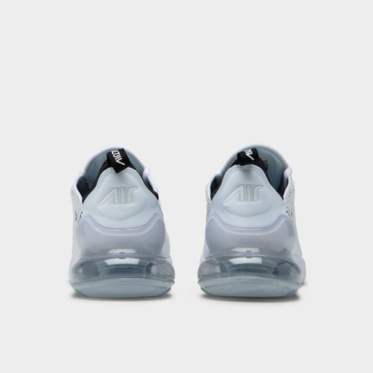Nike Air Max 270. Rear view of black and white sneakers with black pull tabs, padded heel panels and visible Air units.