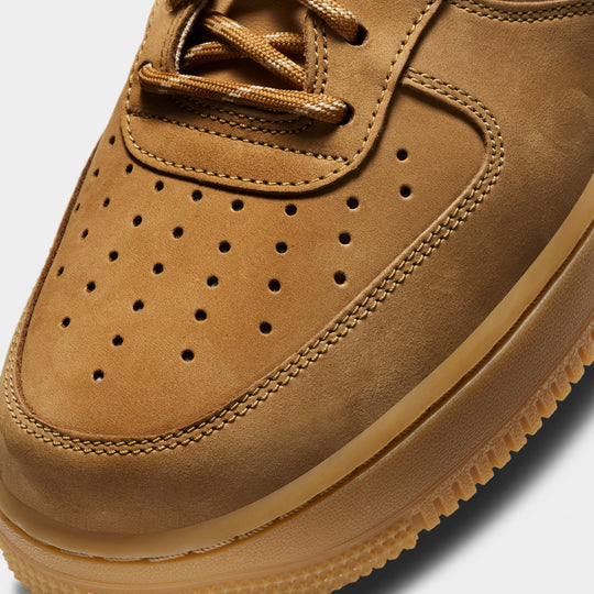 Nike Air Force 1 '07 WB. Close-up of the perforated toe box in wheat-brown suede with matching laces.