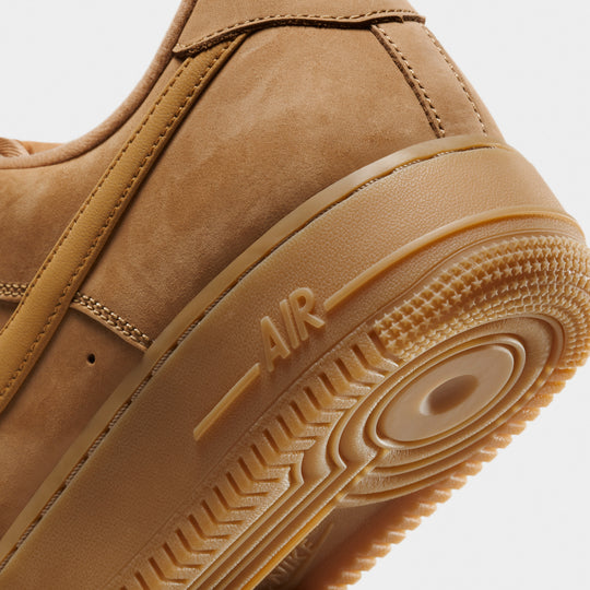 Nike Air Force 1 '07 WB. Close-up of the heel and midsole showing the wheat-brown upper and gum outsole.